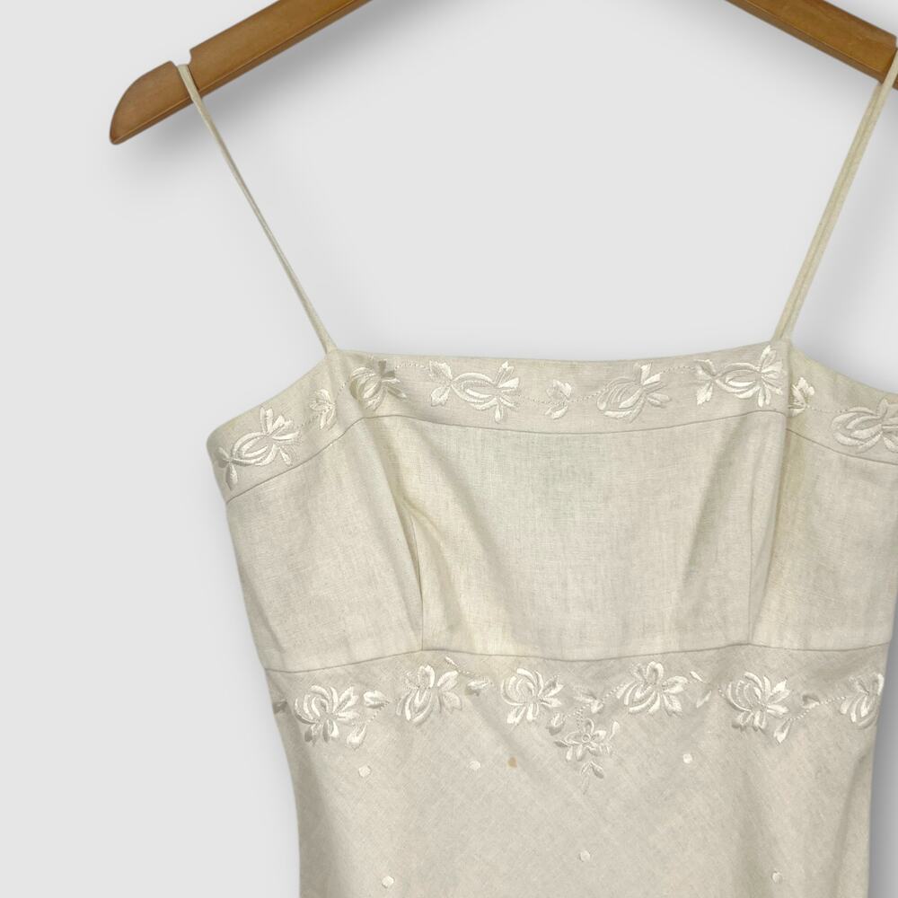 Vintage Ann Taylor Linen Embroidered Midi Dress Spaghetti Strap Ivory Size 4P - Picture 5 of 6